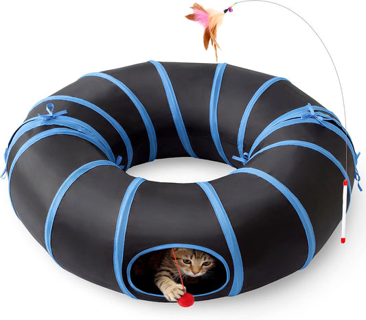 Love'S Cabin round Cat Tunnel for Indoor Cats, Collapsible Pet Play Tunnel with Teaser Wand, Peek Holes & Hanging Ball, Interactive Kitty Tube for Kittens & Rabbits, Blue