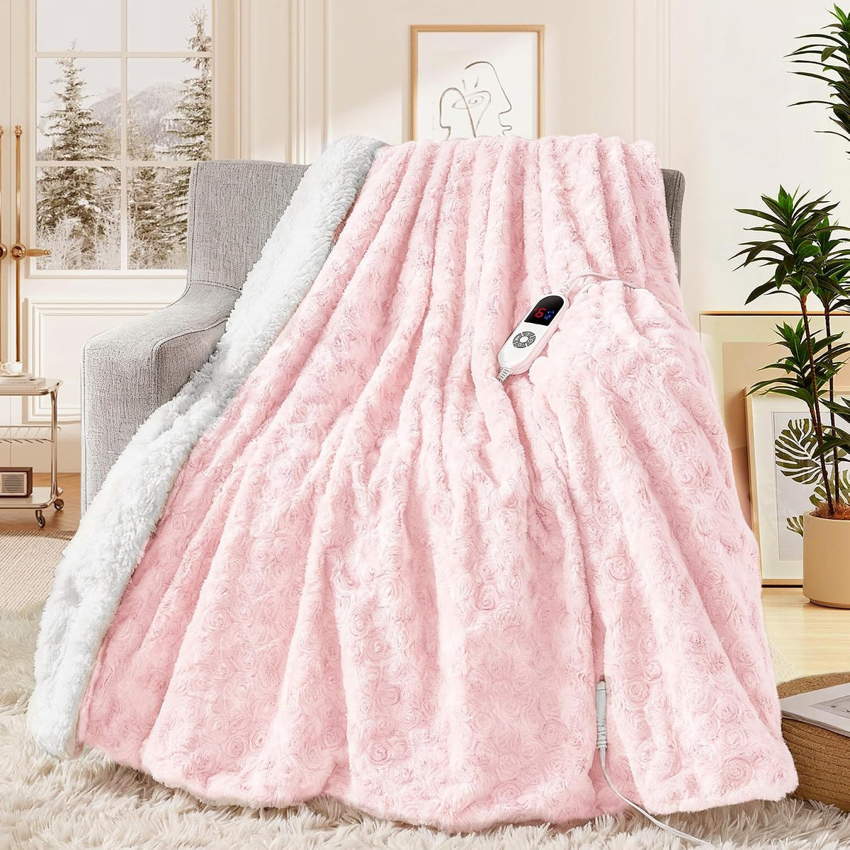 MAXEVE Heated Blanket Electric Throw 50"X60" Pink Faux Rabbit Fur Blankets