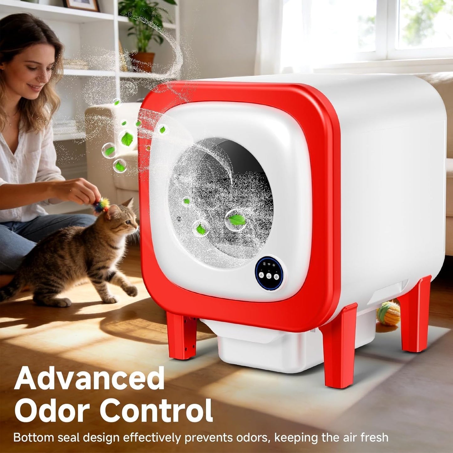 Self Cleaning Litter Box, Extra Large Automatic Cat Litter Box Self Cleaning for Multiple Cats, App Control, Safety Protection, Ultra-Quiet,Includes Trash Bags,Red