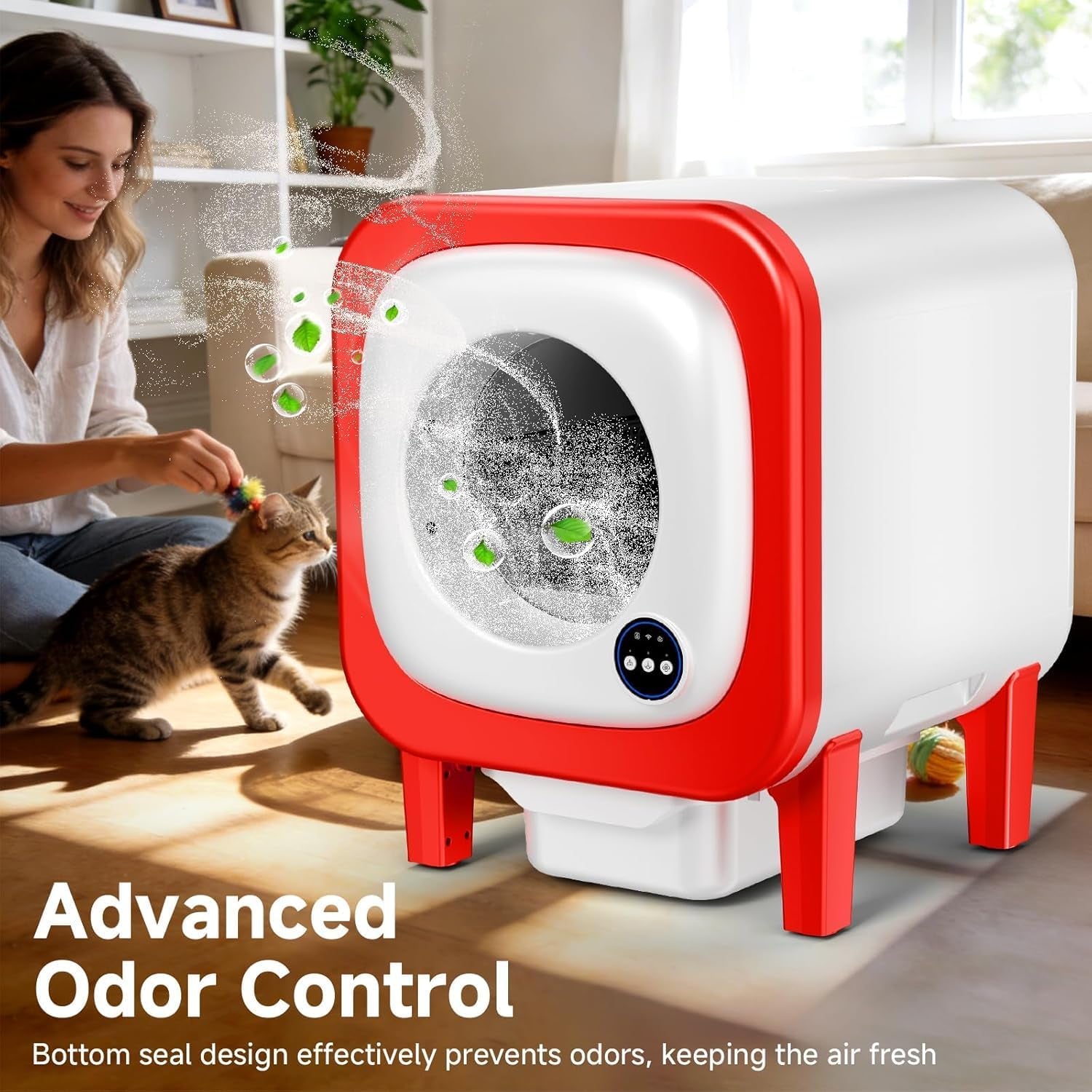 Self Cleaning Litter Box, Extra Large Automatic Cat Litter Box Self Cleaning for Multiple Cats, App Control, Safety Protection, Ultra-Quiet,Includes Trash Bags,Red
