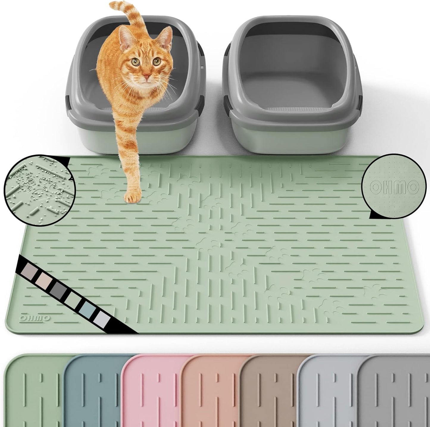 OHMO Cat Litter Mat Large Trapping Mat Premium Silicone Rubber 31.5X23.6 Sage Green, Waterproof and BPA Free Kitty Litter Box Mat, Easy to Clean and Keeps the Floor Tidy