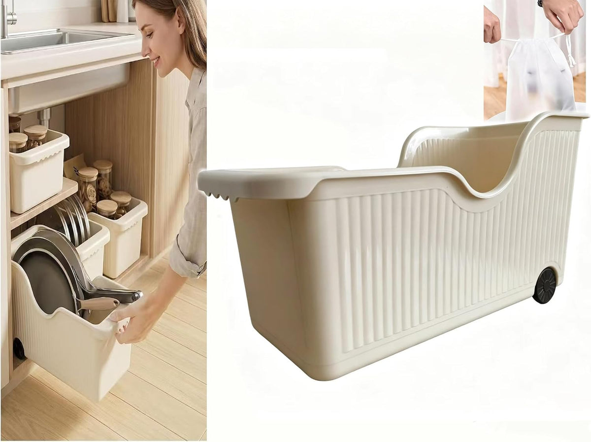 Extra Large Cream Rolling under Sink Storage Bin with Wheels Slim 1Pcs