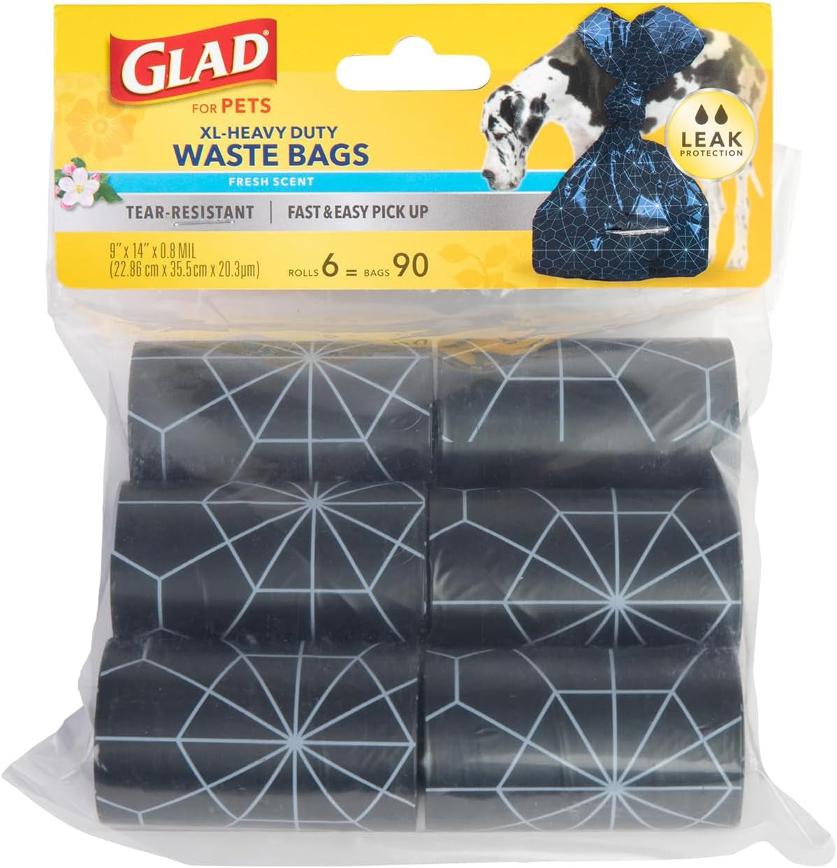 Glad for Pets Extra Large Scented Dog Poop Bags, Heavy Duty Tear-Resistant Pet Waste Pickup Bags with Fresh Scent, Easy-Tie Handles for Walking, Camping, Travel, 90 Count