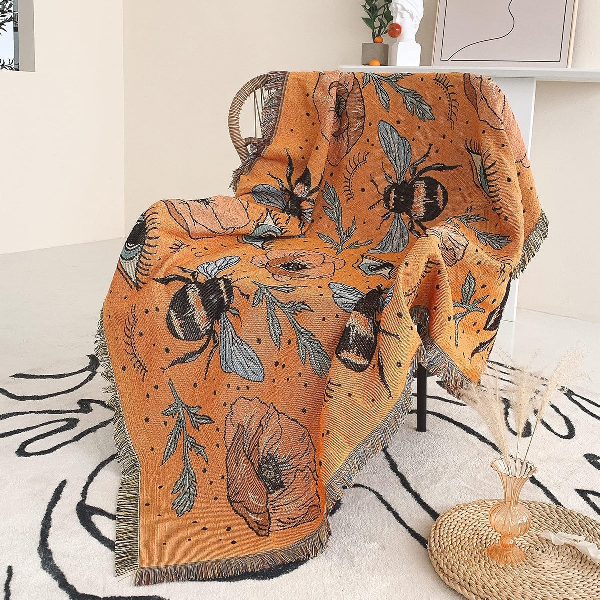 Boho Throw Blanket Reversible Cotton Bohemian Tapestry Hippie Room Decor Double Sided (Boho Bee Yelow 50"X60")