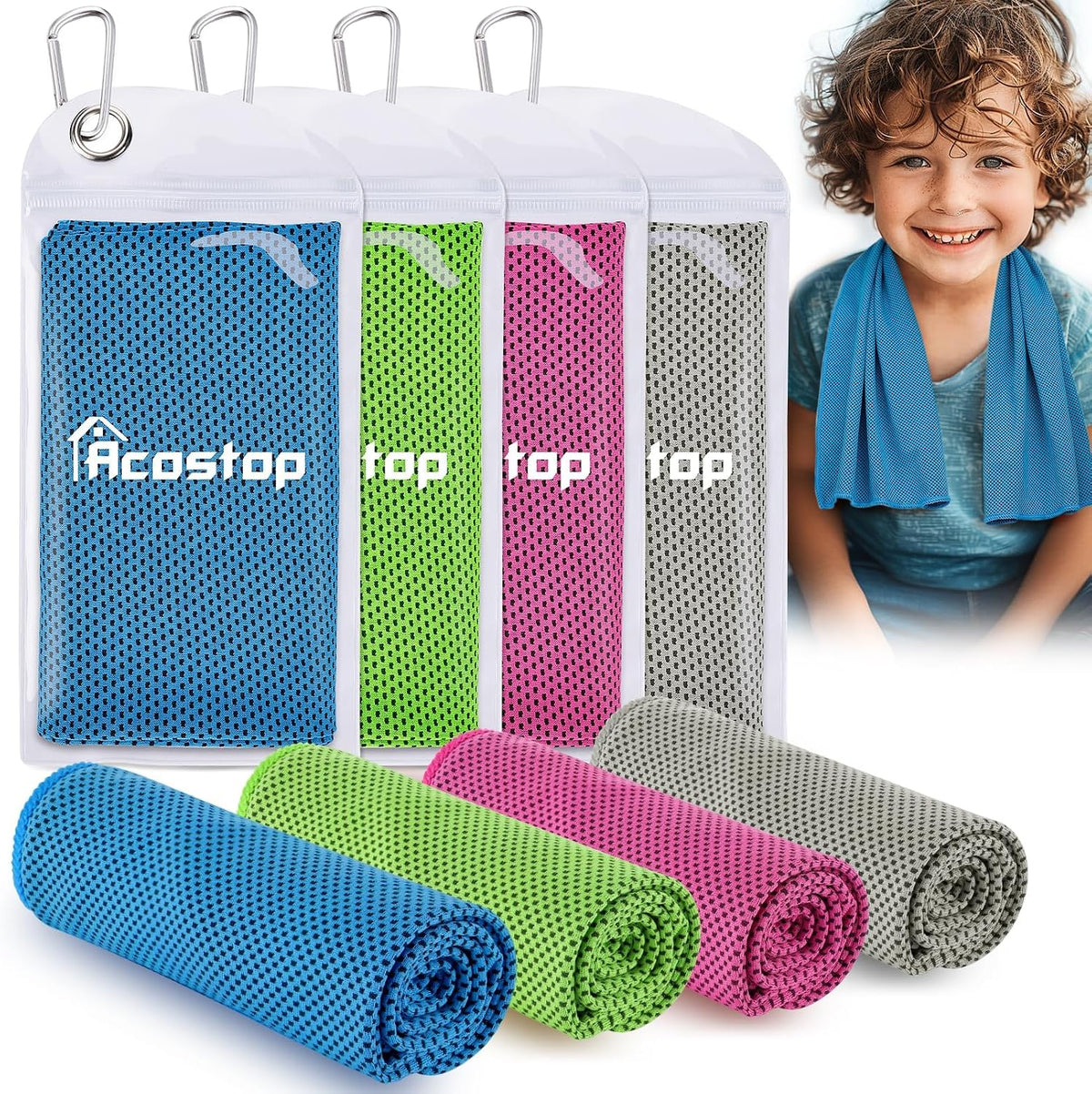 Acostop 4 Pack 9"X30" Breathable Soft Kids Cooling Towels for Hot Weather