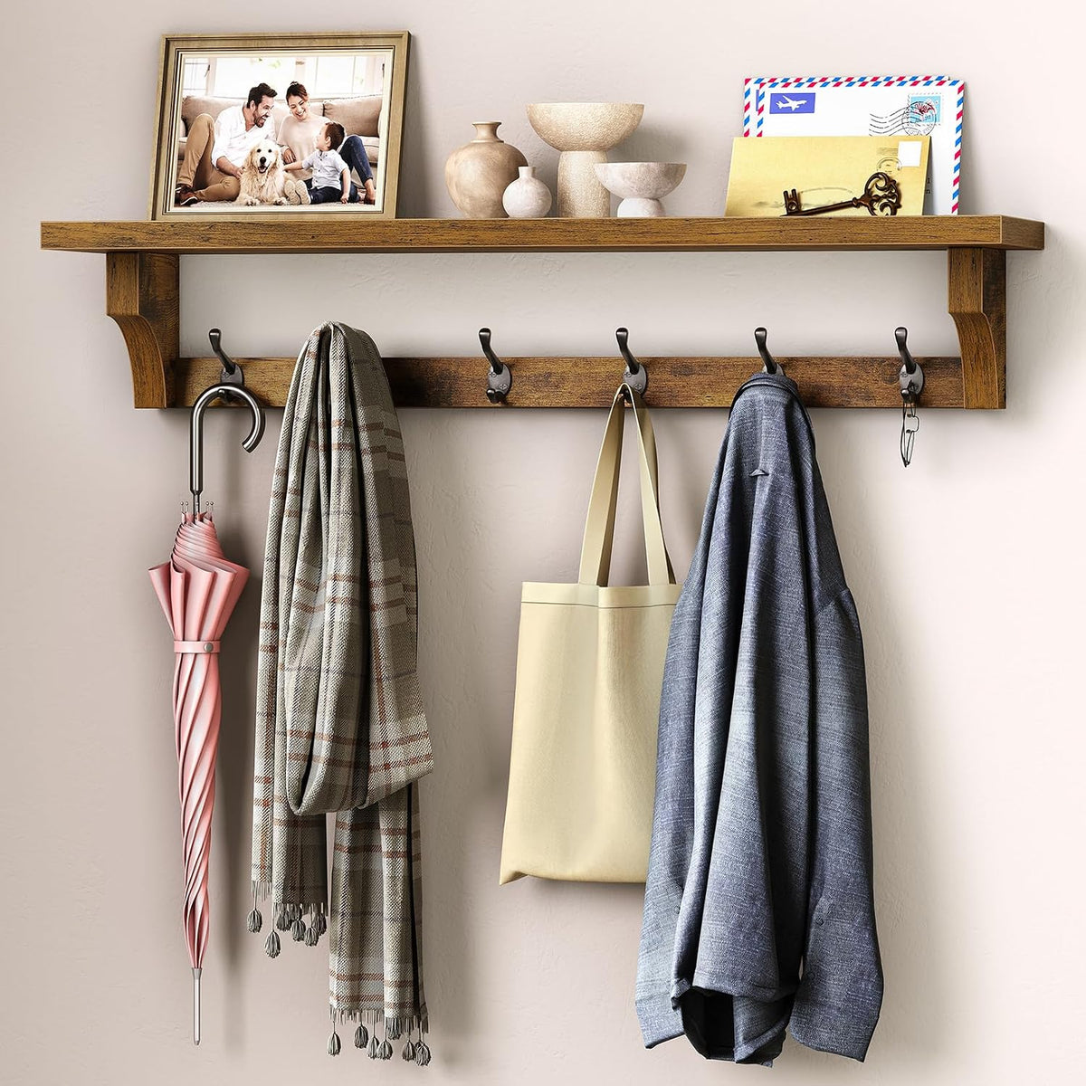 29" Coat Rack Wall Mount Shelf, Entryway Wall Shelf with 6 Metal Hooks, Coat Hangers for Living Room, Modern Wooden Floating Shelves for Bathroom, Bedroom, Kitchen, Rustic Brown 7401BJR1BF