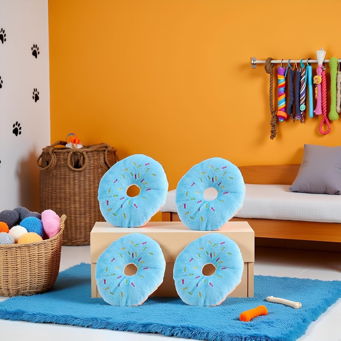 Jinshining 4 Pcs Donut Shape Plush Blue Pet Toy,Lovely Donut Shaped Squeaky Squeaking Sound for Pet Chew Toy Squeaky Plush Dog Toy Blueberry Chew Guard Technology Dog Squeak