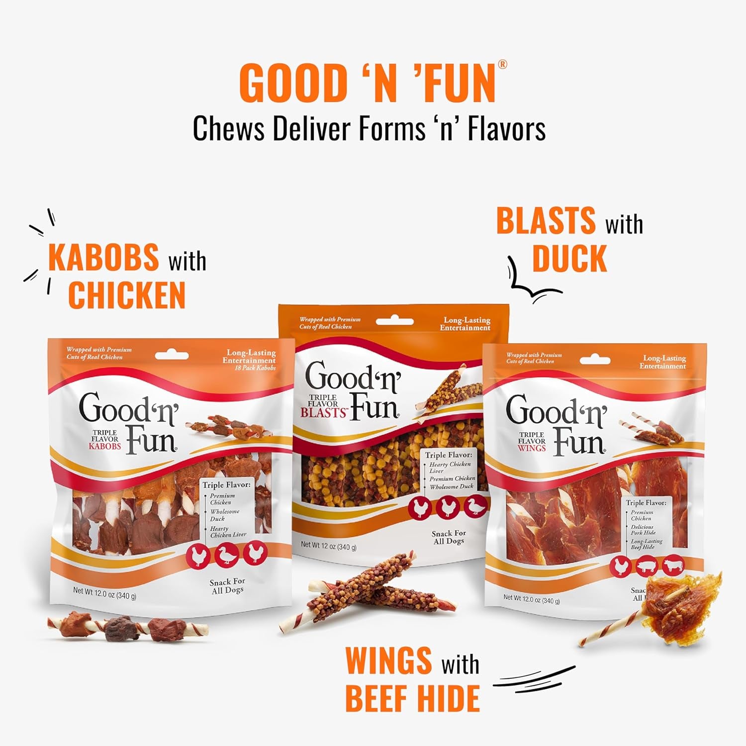 GOOD 'N' FUN Triple Flavor Double Pops Treats for Dogs, Long-Lasting Chews Made with Real Chicken, Beef Hide and Pork Hide, 5.5 Oz