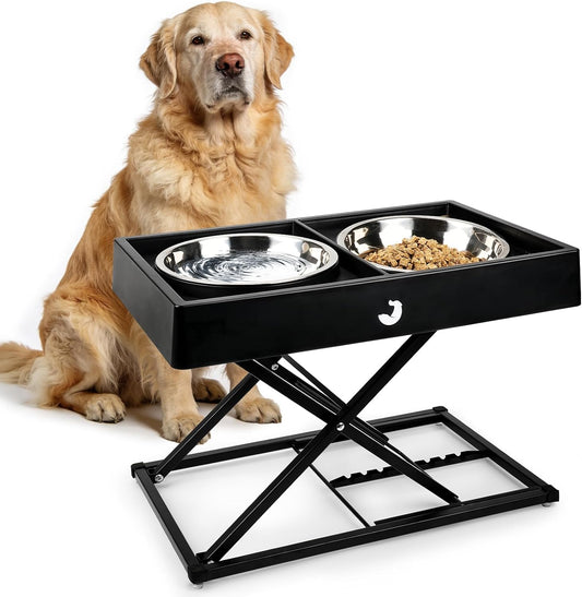 Taglory Metal Elevated Dog Bowls Stand for Large Breeds, 9 Height-Adjustable Raised Dog Bowl with 2 Stainless Steel Bowls(6 Cup), Anti-Slip Pads, 9" to 17.5", Black