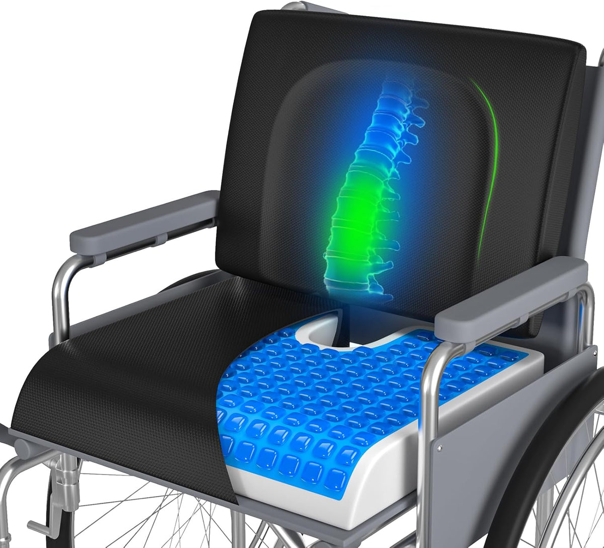 Wheelchair Cushions, 18''X16''X 3'' Gel Wheelchair Seat Cushion with Lumbar Pillow, (2-Piece Set) for Relieve Sciatica, Back, Coccyx, Pressure Sore, Pressure Relief, with Anti-Slip Cover, Strap