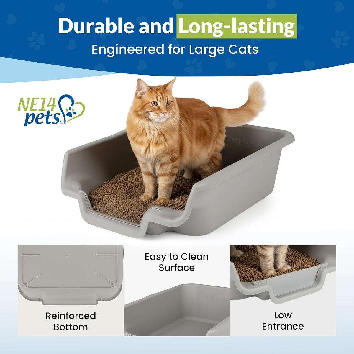 Kittygohere Senior Cat Litter Box Jumbo Low Entry Open Top, Misty Gray