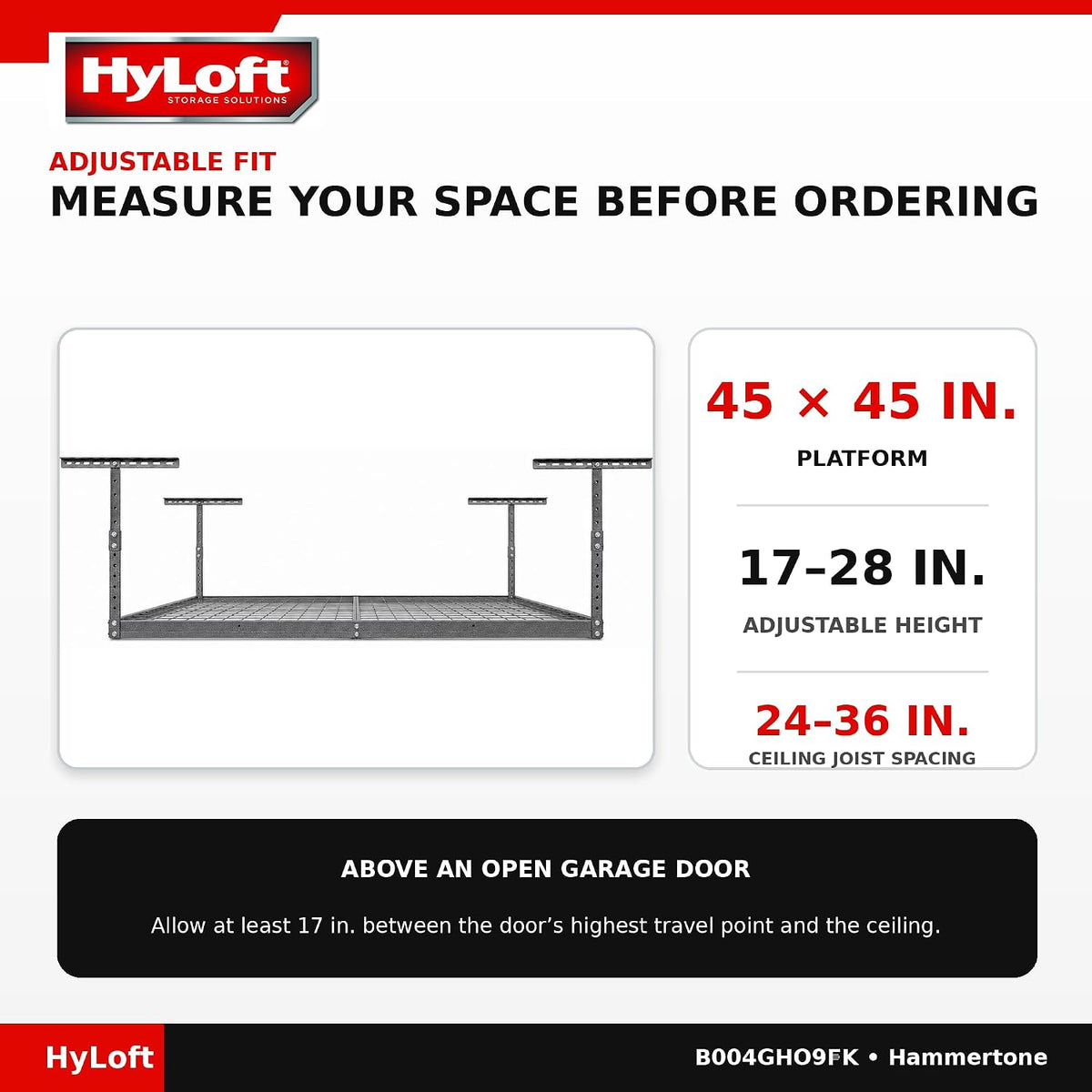 Hyloft Overhead Steel Garage Storage System, Ceiling Rack, 45-Inch X 45-Inch, 00625, Hammertone