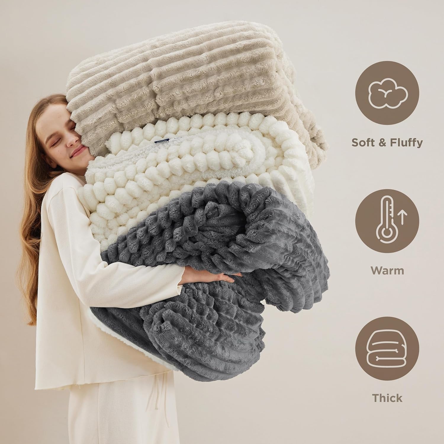 Bedsure Sherpa Throw Blanket for Couch - Super Soft, Cozy Fleece Thick Warm Blanket for Winter, Gentlesoft Plush & Fluffy Spring Throw Gift for Women, Room Decor, Beige, 50X60 Inches