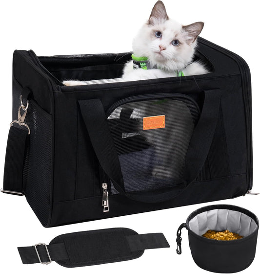 Cat Carrier,Portable Pet Carrier Bag for Cats and Small Dogs,Foldable Soft-Sided and Scratch-Proof Mesh Cat Bag Pet Carriers,Airline Approved Pet Carrier,Pet Travel Carrier up to 15 Lbs,Black