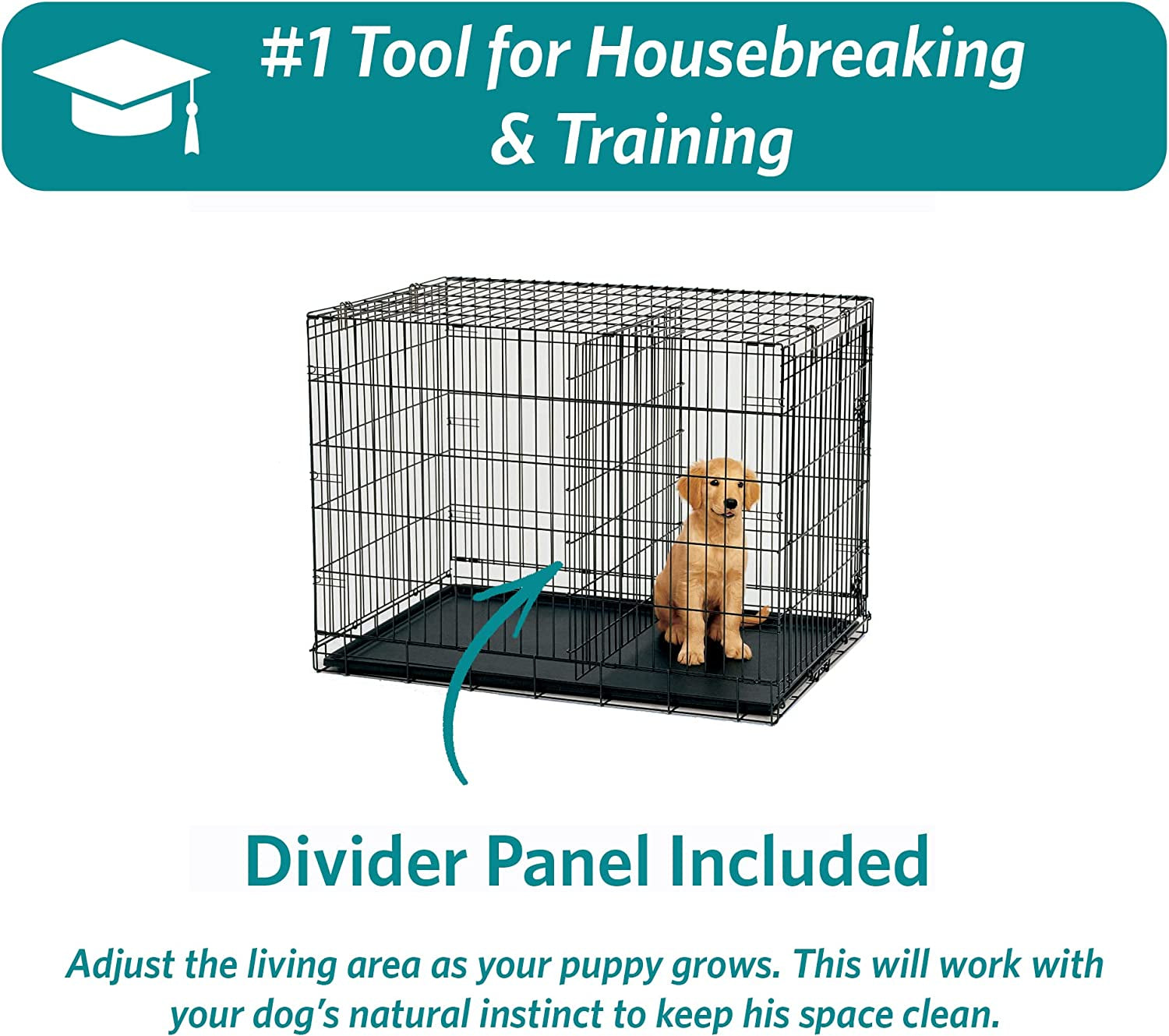 Midwest Homes for Pets 24-Inch Icrate for Small Breeds, 12-20 Lbs, Double Door Folding Dog Crate with Divider Panel, Leak-Proof Tray & Secure Latches, Portable, Durable & Easy to Assemble