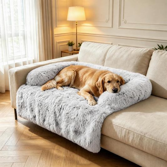 Calming Dog Bed for Couch, Thickened Plush Dog Mat with Raised Bolster