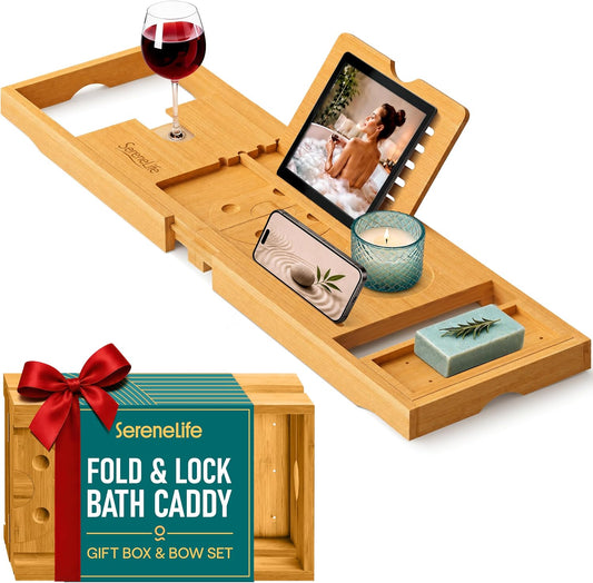 Serenelife Premium Bathtub Tray Caddy, Expandable Bath Tray, Unique House Warming Gifts, Gift for Mom, Women, New Home, Wedding, Anniversary, Bridal Shower, Universal Fit for All Tub