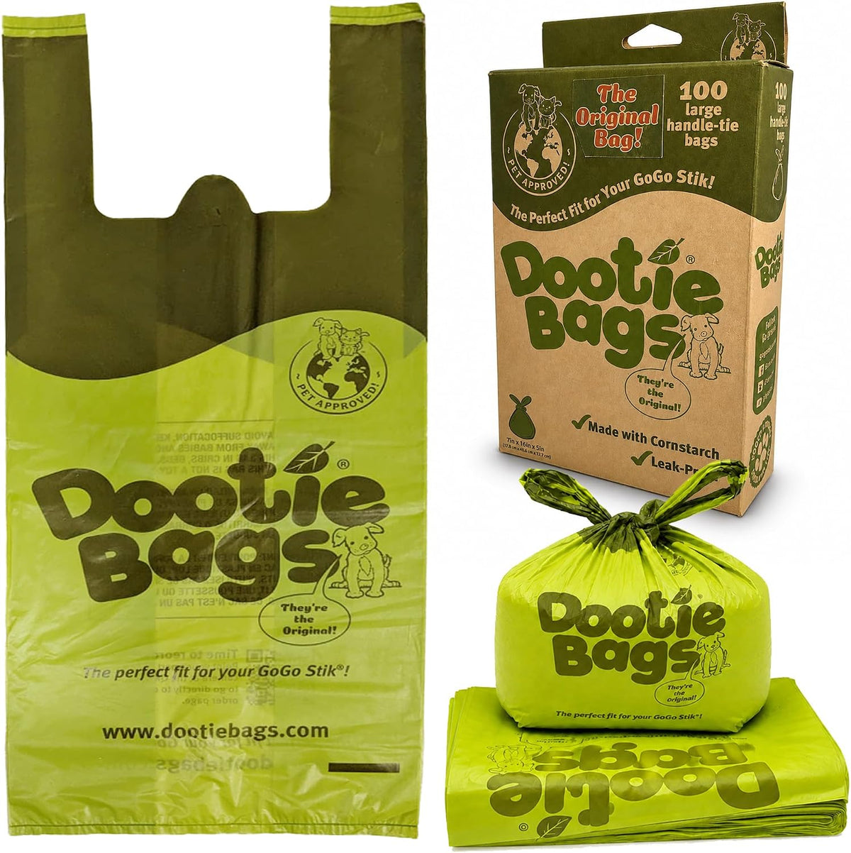Dootie Bags, Large Thick Dog Poop Bags, EZ Tie Handles, Scoopers & Walks.
