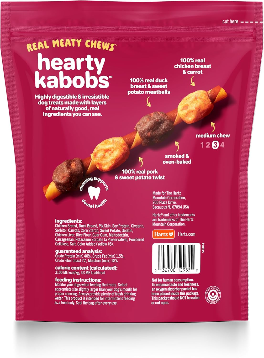 Hartz Oinkies Hearty Kabobs Rawhide‑Free Dog Treats, High‑Protein, Long‑Lasting Highly Digestible Chews Made with Real Chicken, Duck, Sweet Potato & Carrot, 18 Count