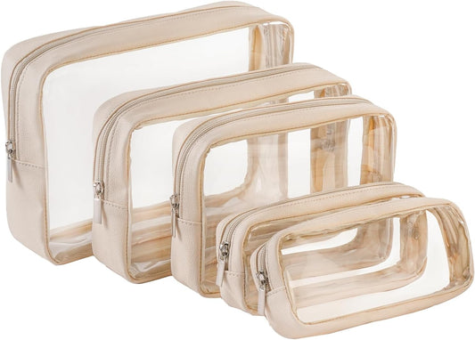 Remobia Hicol TSA Approved 5-Piece Diaper Bag Organizer Pouch Set Clear Waterproof TPU Kids Toiletry Storage Set Travel Packing Clutch Cube Bags for Baby Nursing(Cream Leather)
