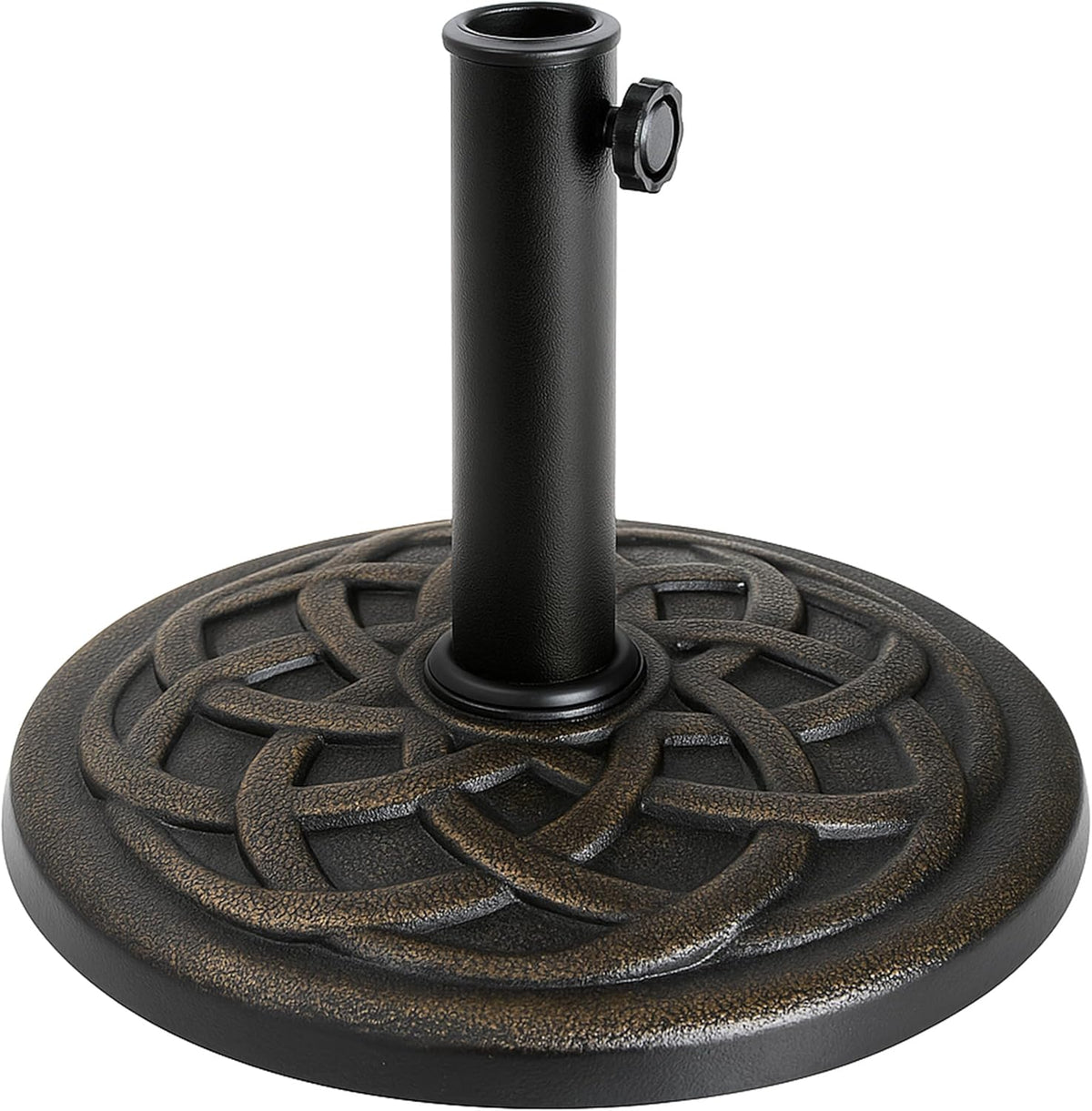 Backyard Expressions round Heavy Duty Patio Umbrella Base – Weather Resistant Calcium Carbonate Resin with Bronze Weave Design – Fits 1.5" to 2" Poles, Easy Assembly, UV & Fade Resistant
