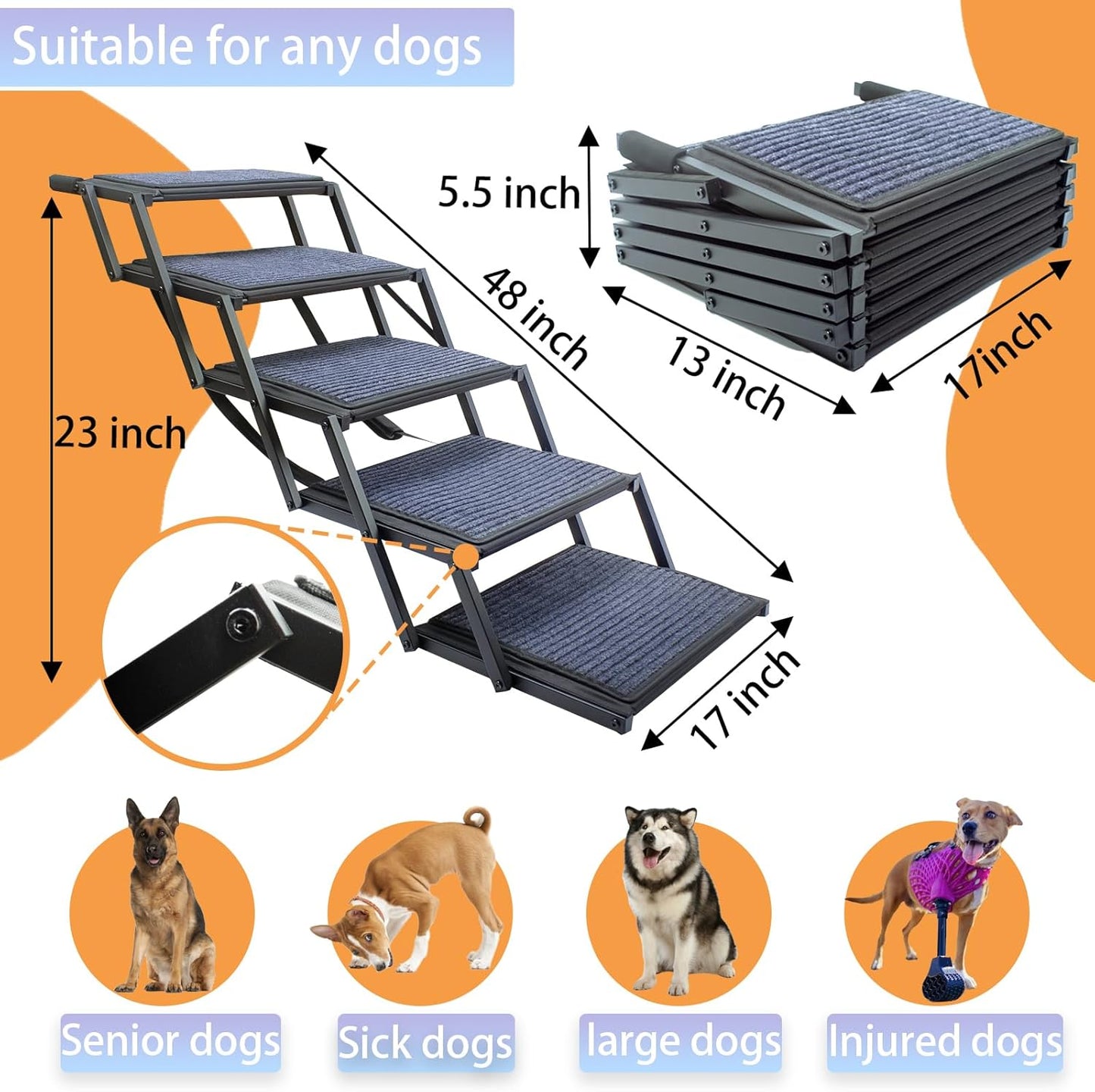 Dog Ramp for Car Truck and SUV Dog Stairs for Large Dogs Folding Pet Stairs with Non-Slip Rug Surface Supports up to 250 Lbs (5 Steps)