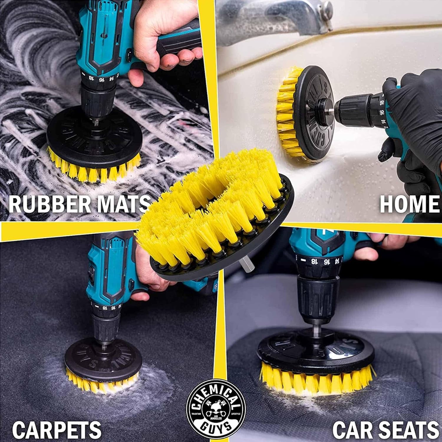 Chemical Guys Foaming Citrus Fabric Clean Drill Brush Kit - High Foaming Stain and Odor Remover, Upholstery, Floor Mat & Car Carpet Cleaner, Deep Cleans & Deodorizes, Citrus Scent - 16 Fl Oz