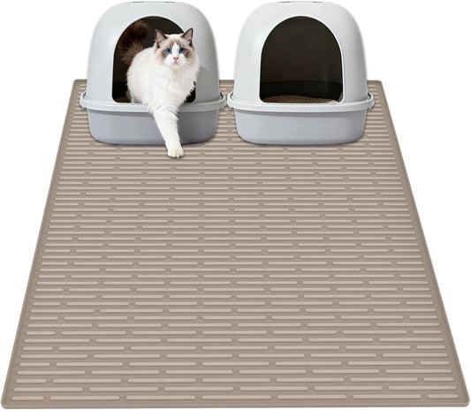 XXL Extra Large Silicone Cat Litter Trapping Mat for Scatter Control, 40"X30"(100Cmx75Cm) Waterproof Kitty Litter Box Mat for Floor, Soft on Kitty Paws, Easy to Clean, Light Brown