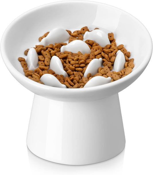 Vancasso Ceramic Slow Feeder Cat Bowl, 6.25 Inch Elevated Cat Slow Feeder Bowl, anti Vomiting for Dry and Wet Food, White
