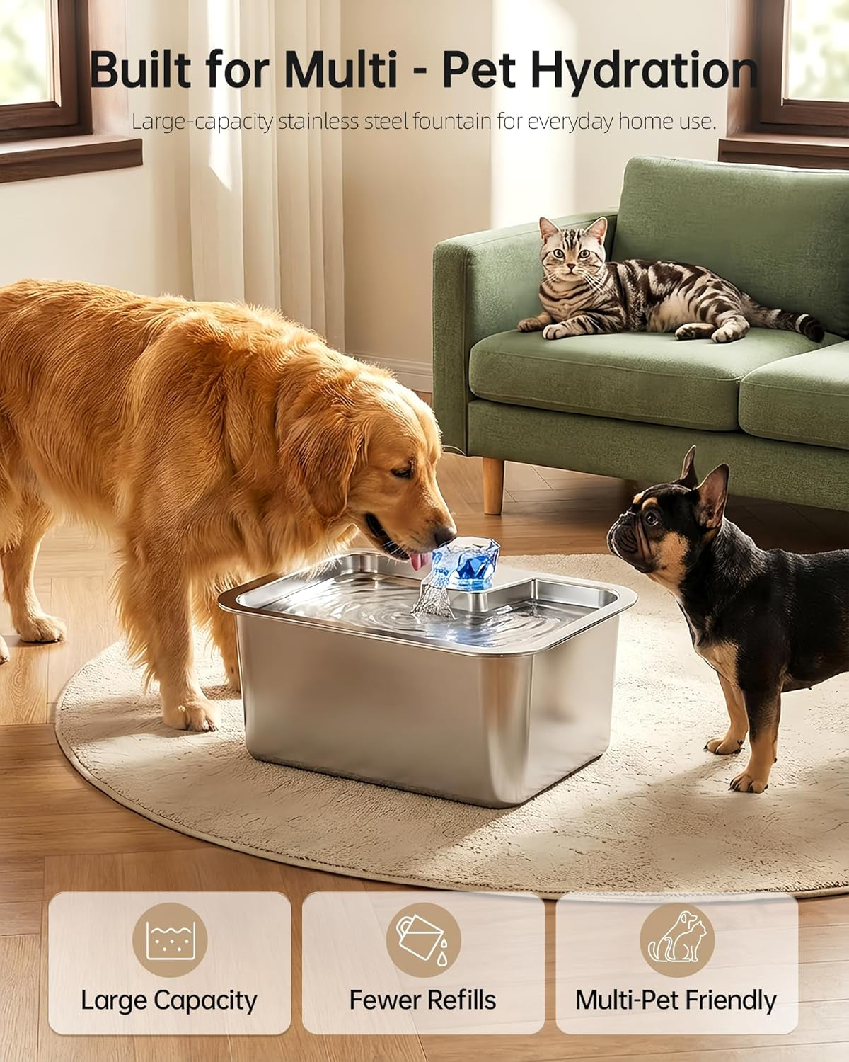 3Gal Large Dog Water Fountain Dispenser, 11L Stainless Steel Pet Fountain with 6 Filters, Ultra Quiet Automatic Dog Water Bowl Dispenser for Large & Multi-Pet, Wide Drinking Area, Easy to Clean