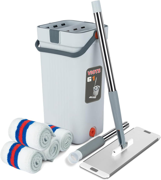 Flat Mop System - Mop Bucket with Wringer, Hands-Free Flat Mop Long Handle Wet & Dry Microfiber Mop, for Hardwood Tile Wall Window Home Commercial Mop Set with 3 Reusable Pads White