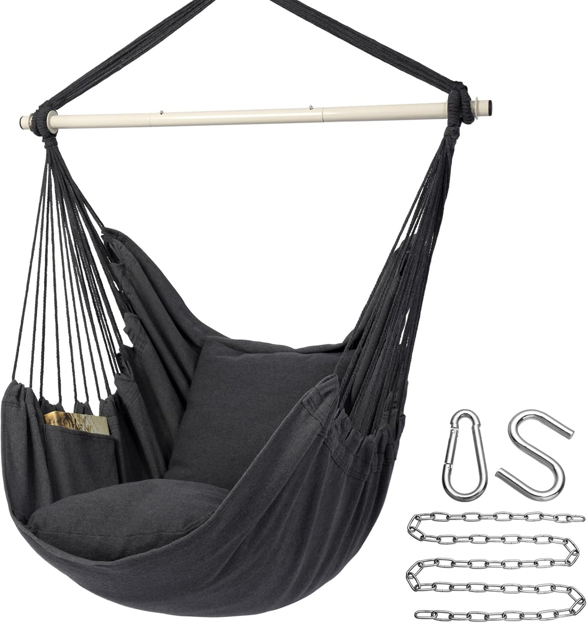 Y- STOP Hammock Chair Hanging Rope Swing Chair, Max 500 Lbs, 2 Seat Cushions Included, Removable Steel Spreader Bar with Anti-Slip Rings, Hardware Kit-For Indoor Outdoor(Dark Grey)