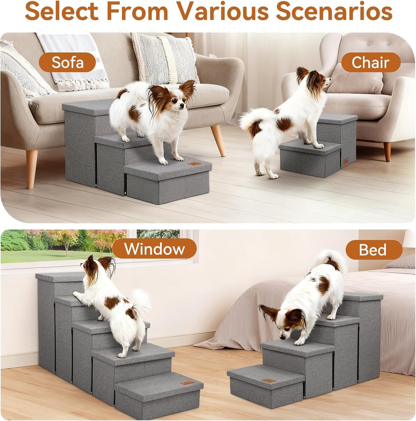 Zerbuger Wider Dog Ramp for High Bed with Storage 18" H, Foldable Dog Stairs for Small Medium Large Older Senior Animal, Sturdy Dog Step for Climbing Bed or Couch, Arthritis-Friendly (Gray, No Condo)