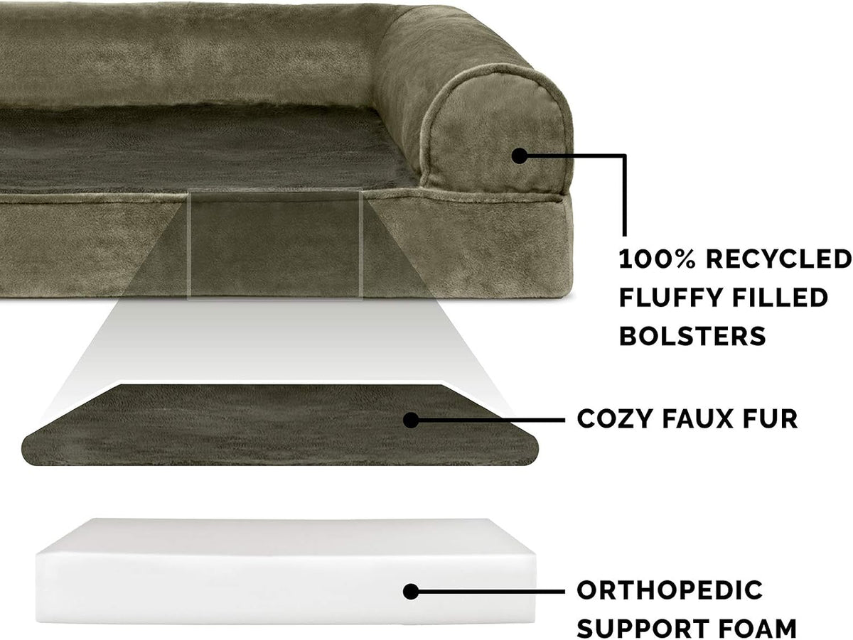 Furhaven Orthopedic Dog Bed for Large Dogs W/ Removable Bolsters & Washable Cover, for Dogs up to 125 Lbs - Faux Fur & Velvet Sofa - Dark Sage, Jumbo Plus/Xxl