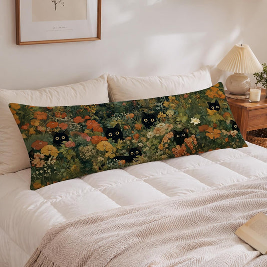 Black Cat Wildflower 20X54 Body Pillow Cover, Black Cat Lover Mom Owner Gifts, Cottagecore Floral Kitty Kitten Decorative Long Body Pillow Case with Zipper for Bed Couch Home