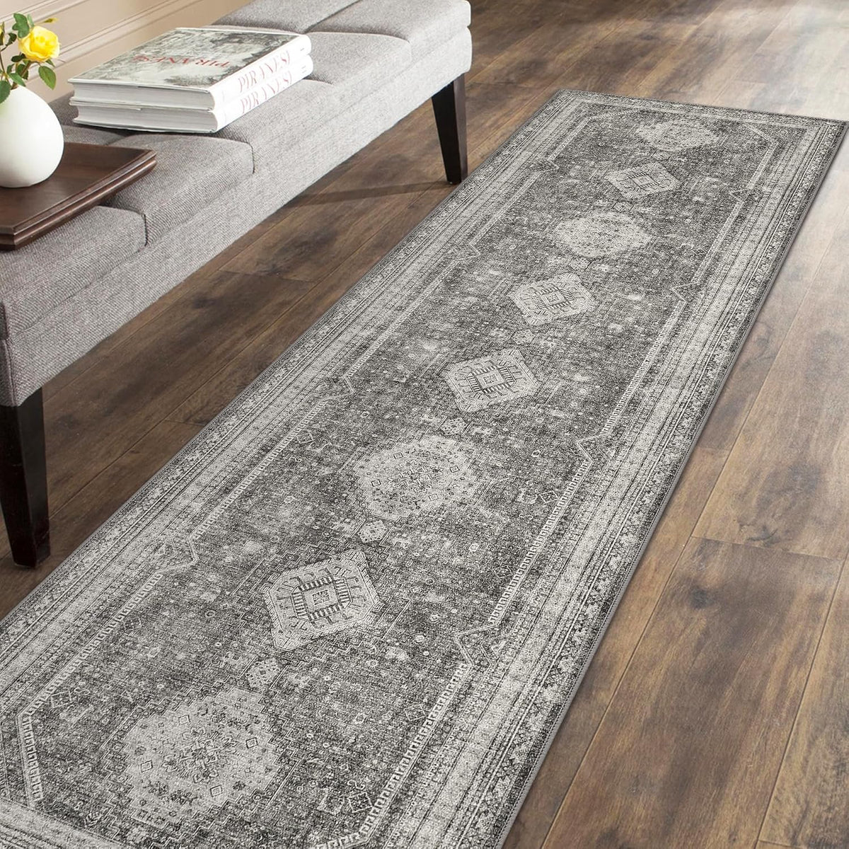 GENIMO 2X5 Non Slip Runner for Hallway,Vintage Washable Kitchen Rugs Grey