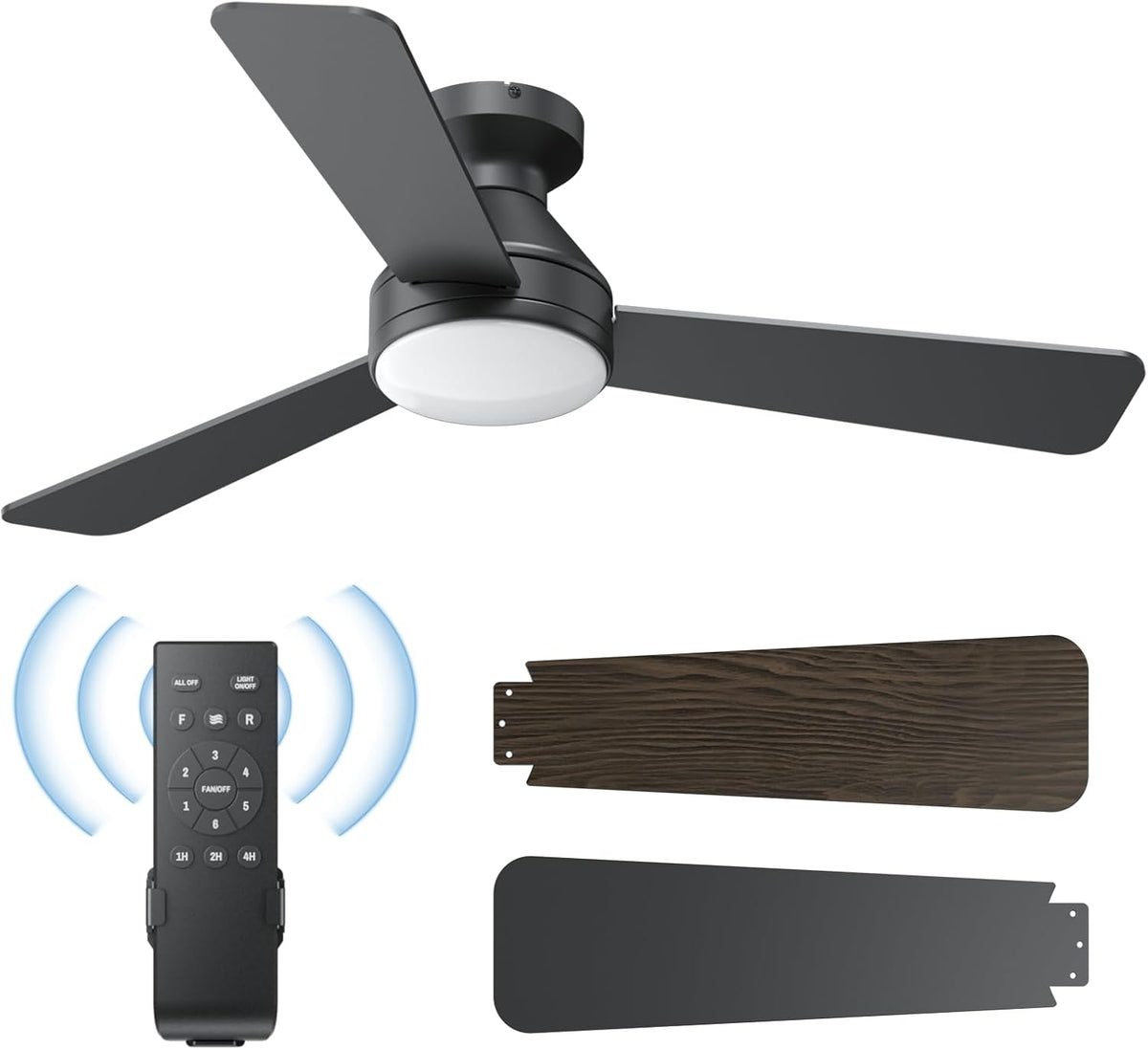 42 Inch Ceiling Fans with Lights and Remote, 3Cct/Flush Mount/6 Speed/Black
