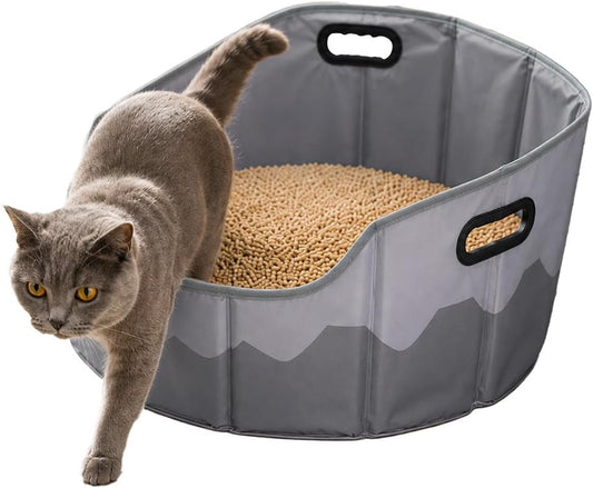 Portable Folding Cat Litter Box for Travel – Waterproof PVC Interior, Oxford Fabric Exterior, Collapsible Scratch-Resistant Pet Litter Pan with Dual Handles & Drain Plug, Lightweight Travel Cat Toilet