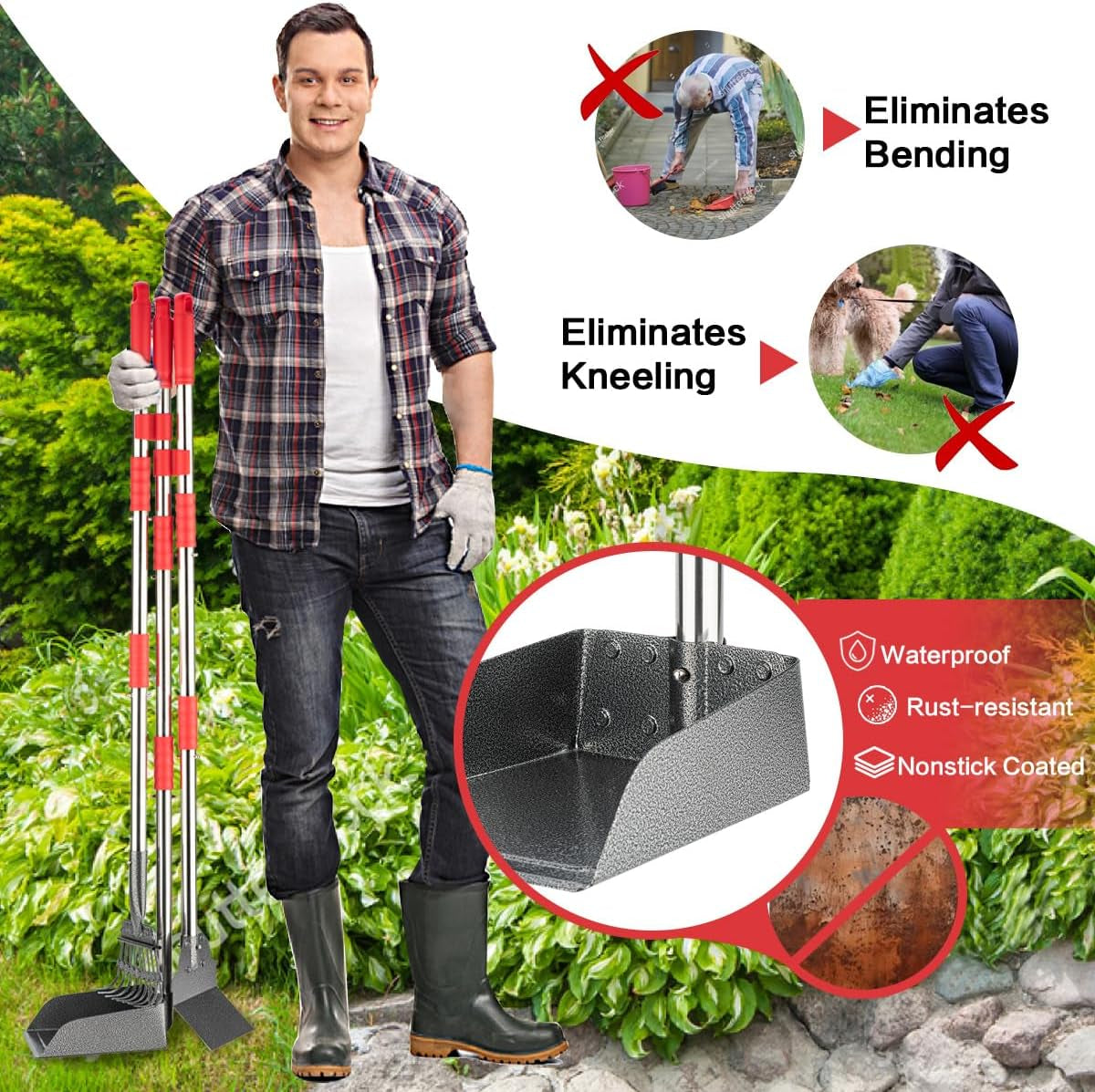 FUSBUNTY Pooper Scooper, Long Handle Dog Pooper Scooper, Heavy Duty Stainless Steel Rake with Tray & Spade Set for Pet Waste Removal, for Grass, Dirt or Gravel
