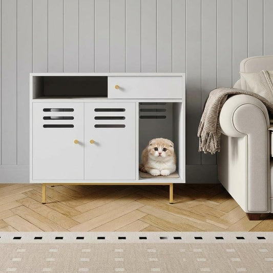Modern Litter Box Enclosure, Hidden Large Cat Furniture with Drawers and Shelves, Tall Stand Enclosed Storage with Covered Pet Door, Dog Proof Kitty Litter Box Enclosure for Cats