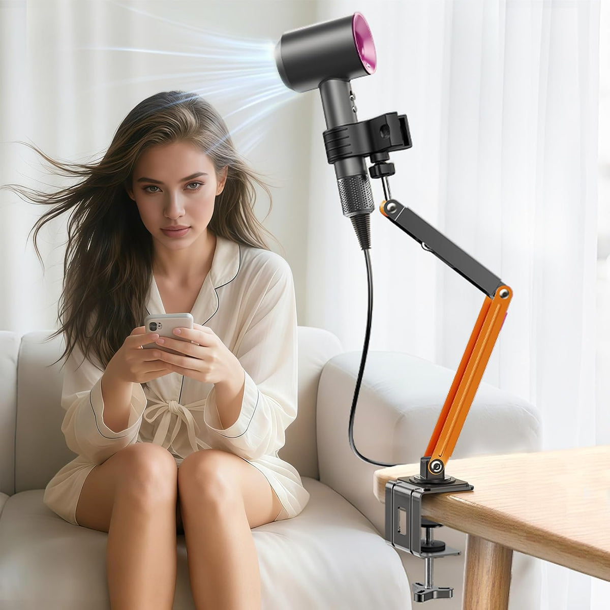 Desktop Hair Dryer Stand with Phone/Tablet Clip