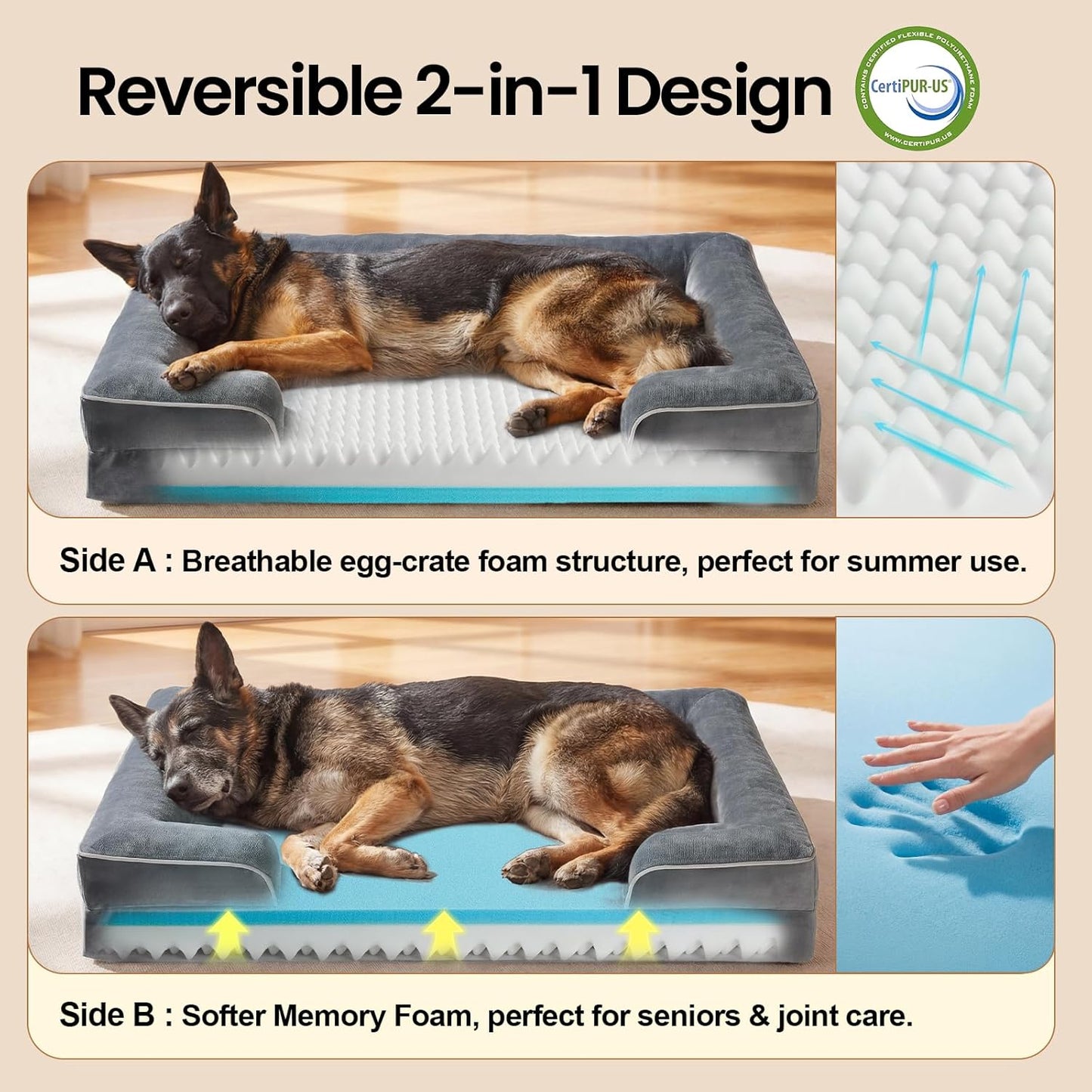 Ohgeni Orthopedic Dog Bed Couch Big Cat Sofa for Extra Large Sized Pets with Memory Foam, Machine-Washable Waterproof Removable Cover, Soft Comfortable Fabric, 44-Inch (Gray)