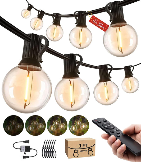 Outdoor String Lights Waterproof 30FT (1FT Bulbs Apart) Remote for Patio