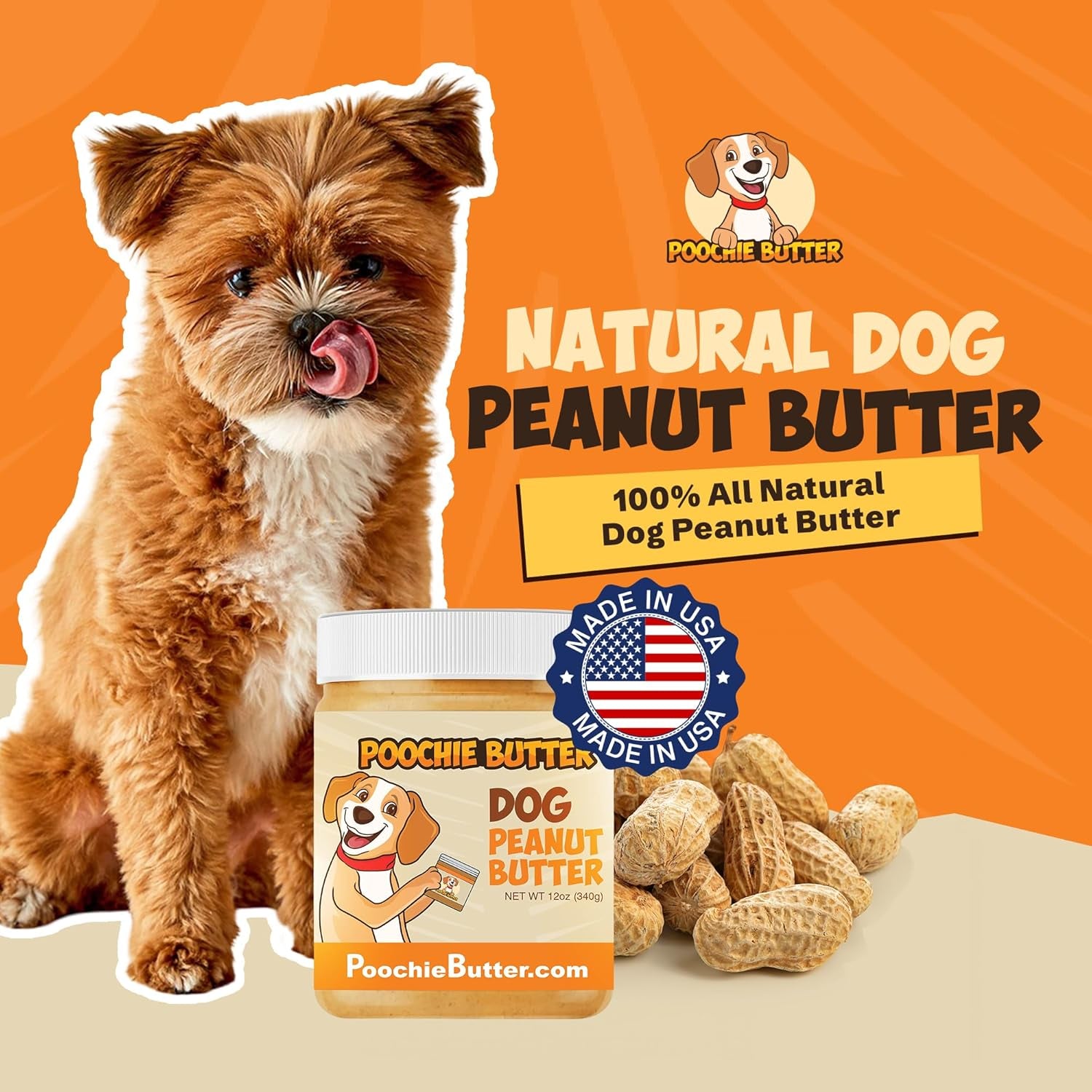 Poochie Butter Natural Dog Peanut Butter - Made in USA Healthy, Creamy Peanut Butter Spread for Lick Mats & Food Toppers - Dry-Roasted Peanuts Non-Gmo No Sugar Added Dog Treats - 12 Oz (Pack of 1)