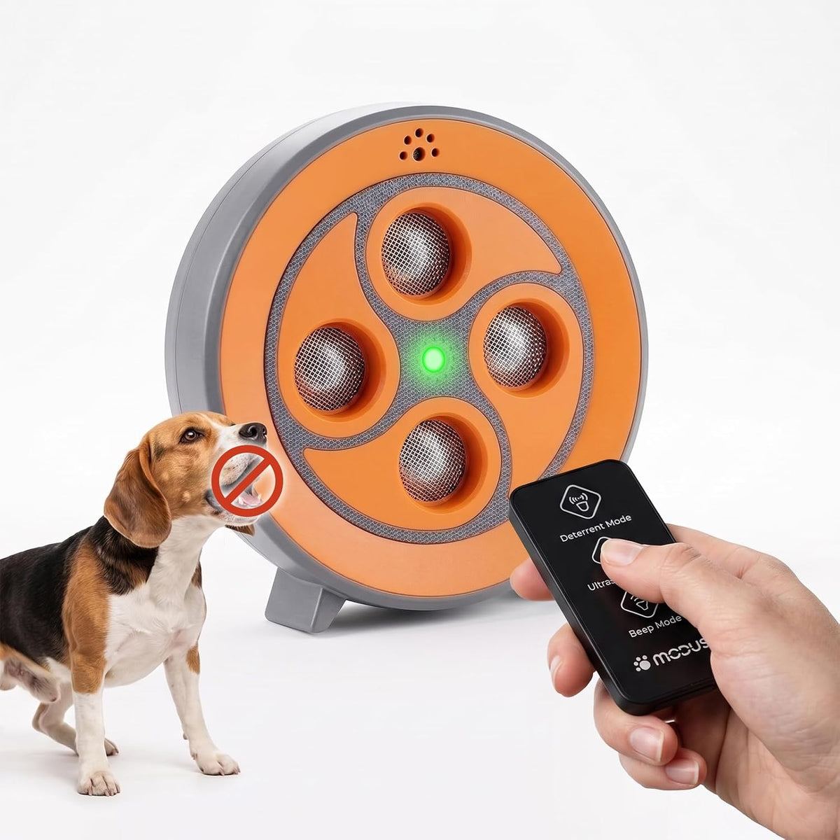 Rechargeable Ultrasonic Dog Bark Deterrent, 6 Modes, 300FT Remote Control, Dual Emitters 75FT Range, IP65 Waterproof Humane anti Barking Device for Indoor Outdoor Use (Orange Bark Deterrent Device)