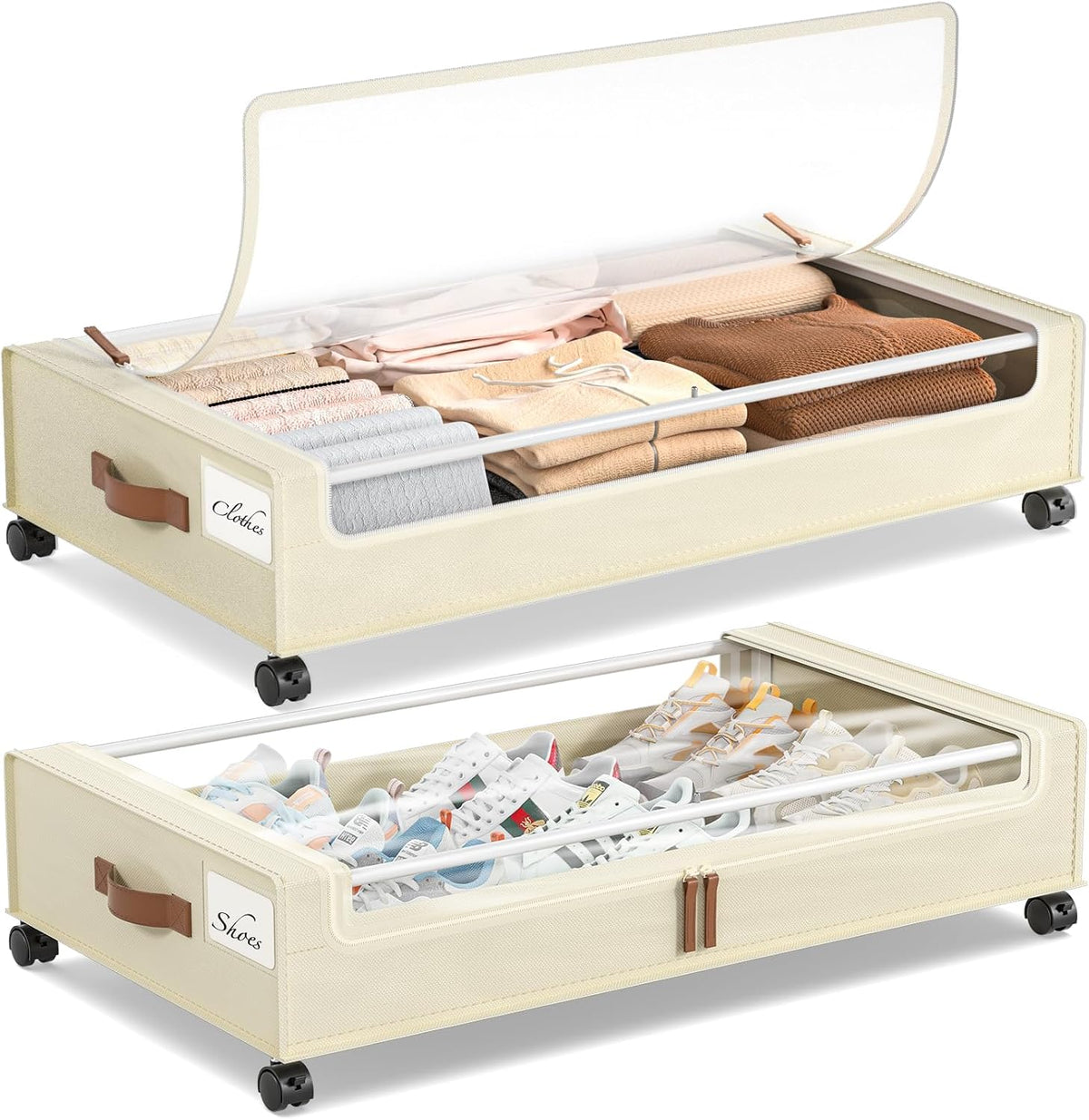 Yecaye 60L under Bed Storage Containers with Wheels, 2 Pack under Bed Storage Containers, Underbed Shoe Storage with Clear Window & Label, Rolling under Bed Metal Drawer for Shoes, Clothes, Beige