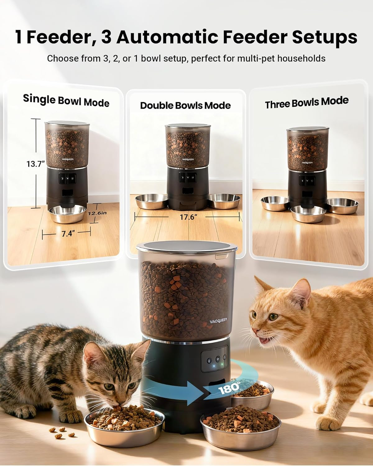 Automatic Cat Feeder for 3 Cats, 6L/25 Cup Cat Food Dispenser with Strong Anti-Jam System, Dual-Effect Desiccant, Smart Wifi App Control Pet Feeder, Automatic Dog Feeder with 10S Recorder