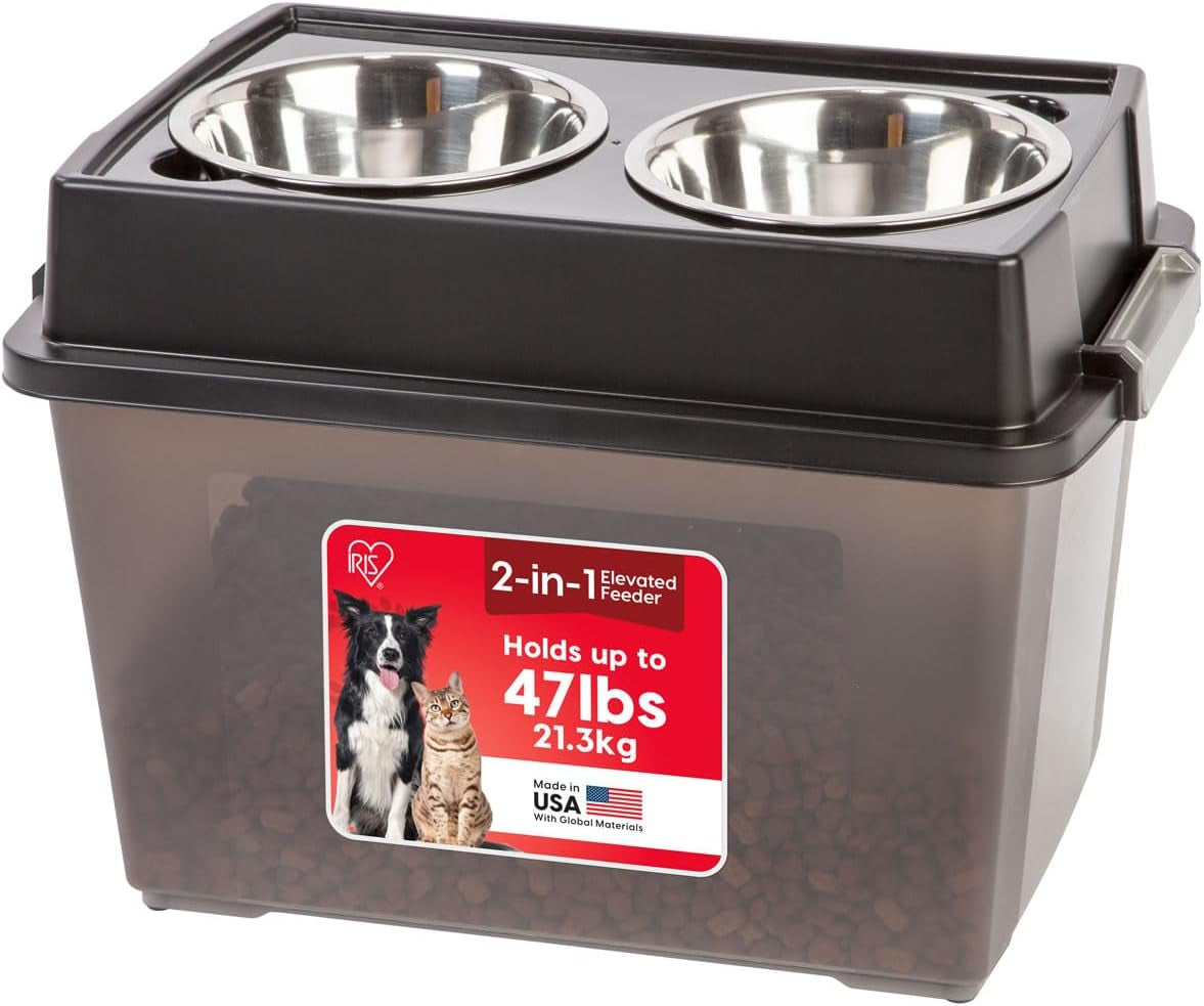 IRIS USA Elevated Dog Bowls 15" H, up to 47 Lb Storage, Smoke, Made in USA