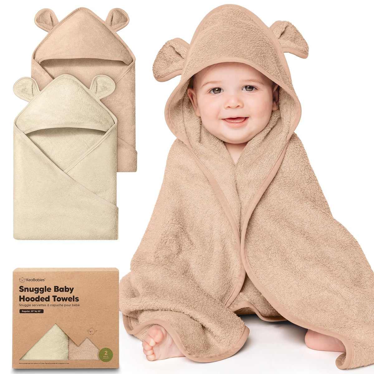 Keababies 2-Pack Hooded Baby Towels for Newborn, Kids, Almond, 35X35