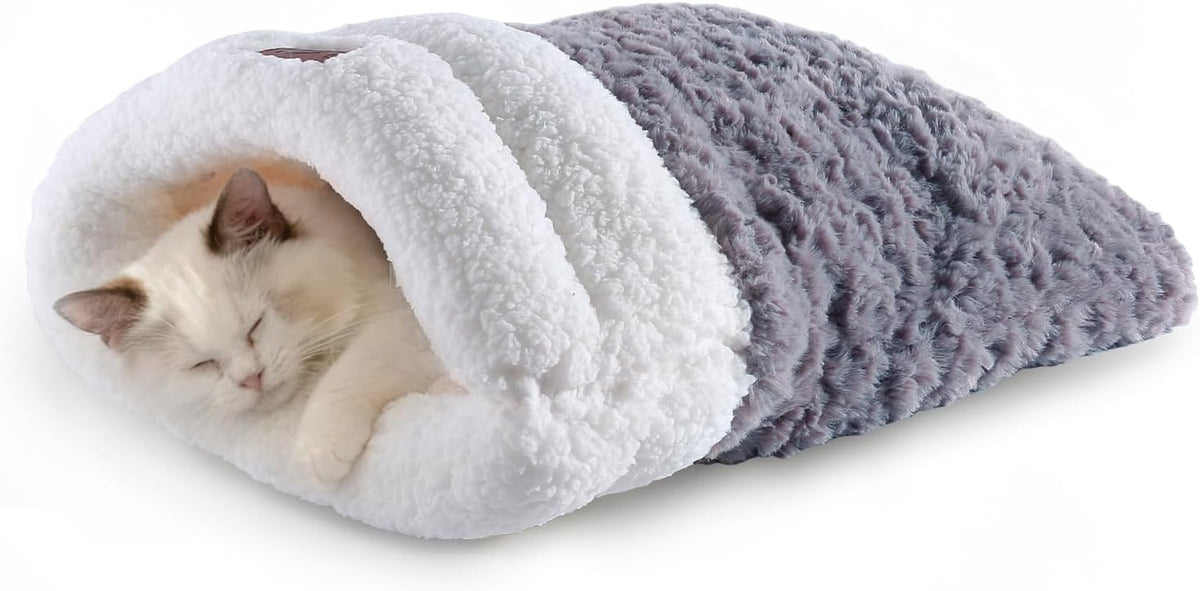 Self Warming Cat Cave Bed, Double-Layer Faux Fur Sleeping Bag Grey